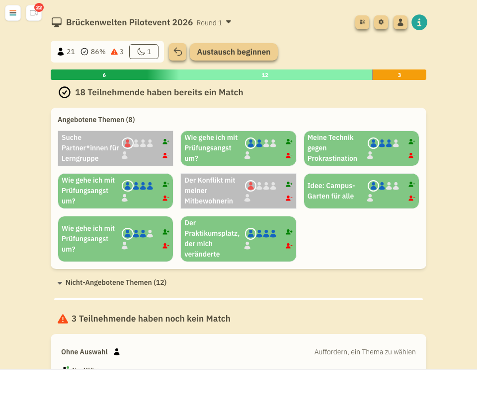 Dashboard nach dem Einfrieren der Matches