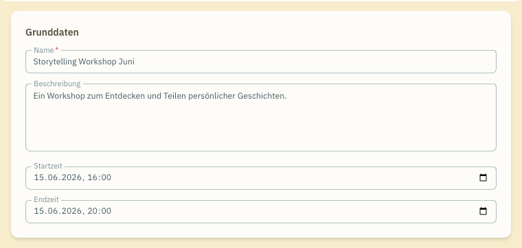 Event-Einstellungen: Grunddaten