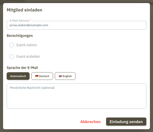 Dialog „Mitglied einladen“ mit E-Mail, Sprachauswahl und persönlicher Nachricht