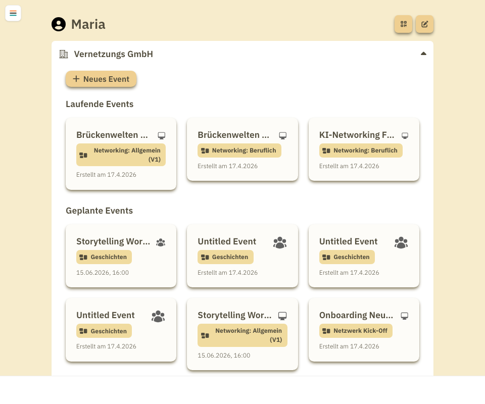 Organisationsübersicht mit Event-Liste