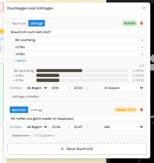 Overlay „Durchsagen und Umfragen“ mit einer Umfrage- und einer Nachrichten-Karte