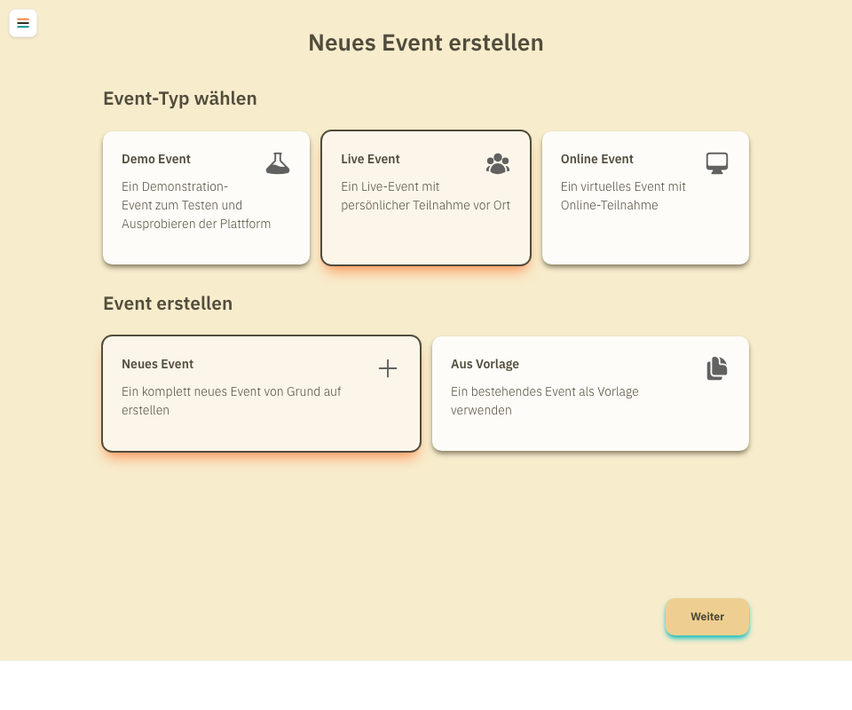 Auswahl des Event-Typs im Erstellungsassistenten